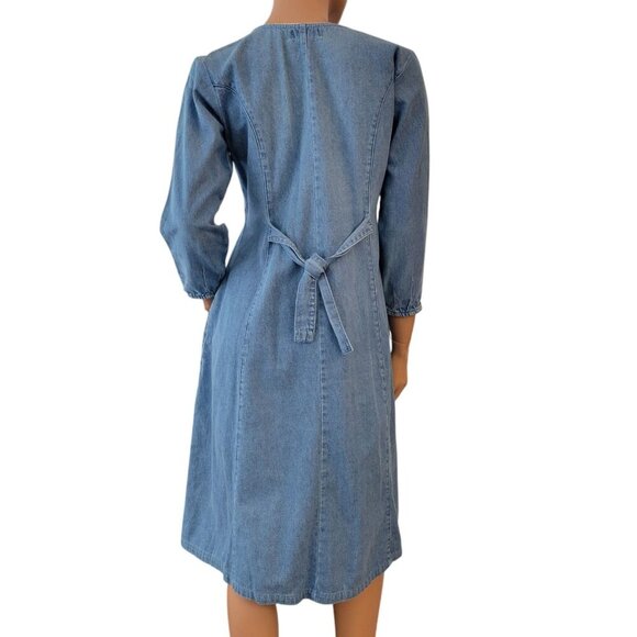 Vintage 80s FADS Womens Size 8 Petite Denim Dress Button Up Lace Pleated Modest - Picture 4 of 16
